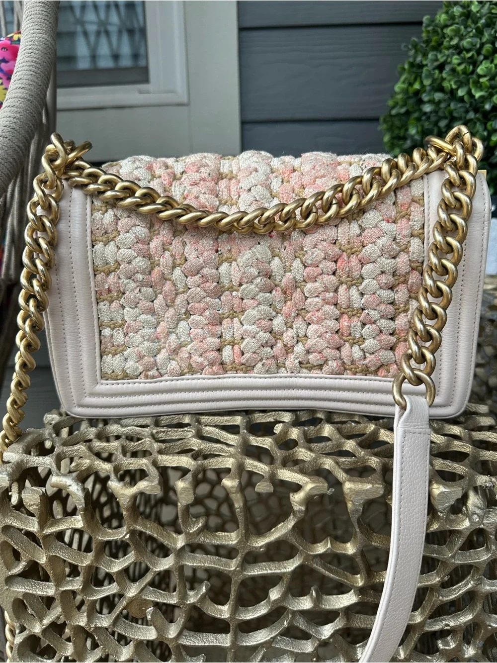 CHANEL Pink & Cream Tweed Boy Shoulder Bag with Gold Hardware